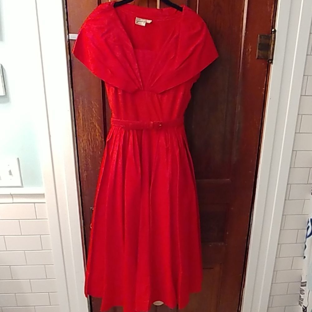 Vtg 50s Gigi Young Red Acetate Rockabilly Dress